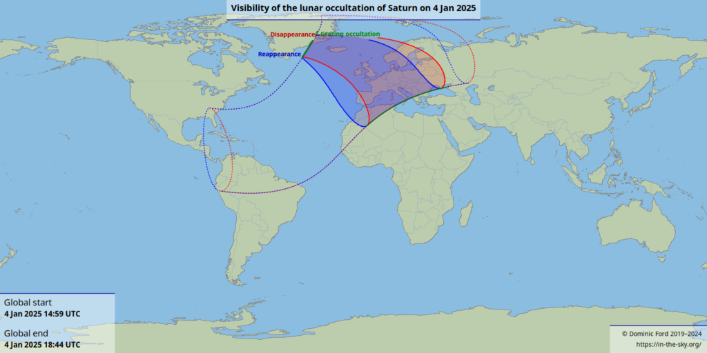 Viditelnost zákrytu Saturnu Měsícem 4. ledna 2025 ve světě. Zdroj: In-the-sky.org.