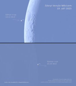 Zákryt Venuše Měsícem na denní obloze 19. září 2025 při pohledu přes astronomický dalekohled. Zdroj: Petr Horálek/Fyzikální ústav v Opavě/Stellarium.