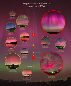 Inforgafika: Nejjasnější polární záře v roce 2024. Foto: Petr Horálek/Fyzikální ústav v Opavě.